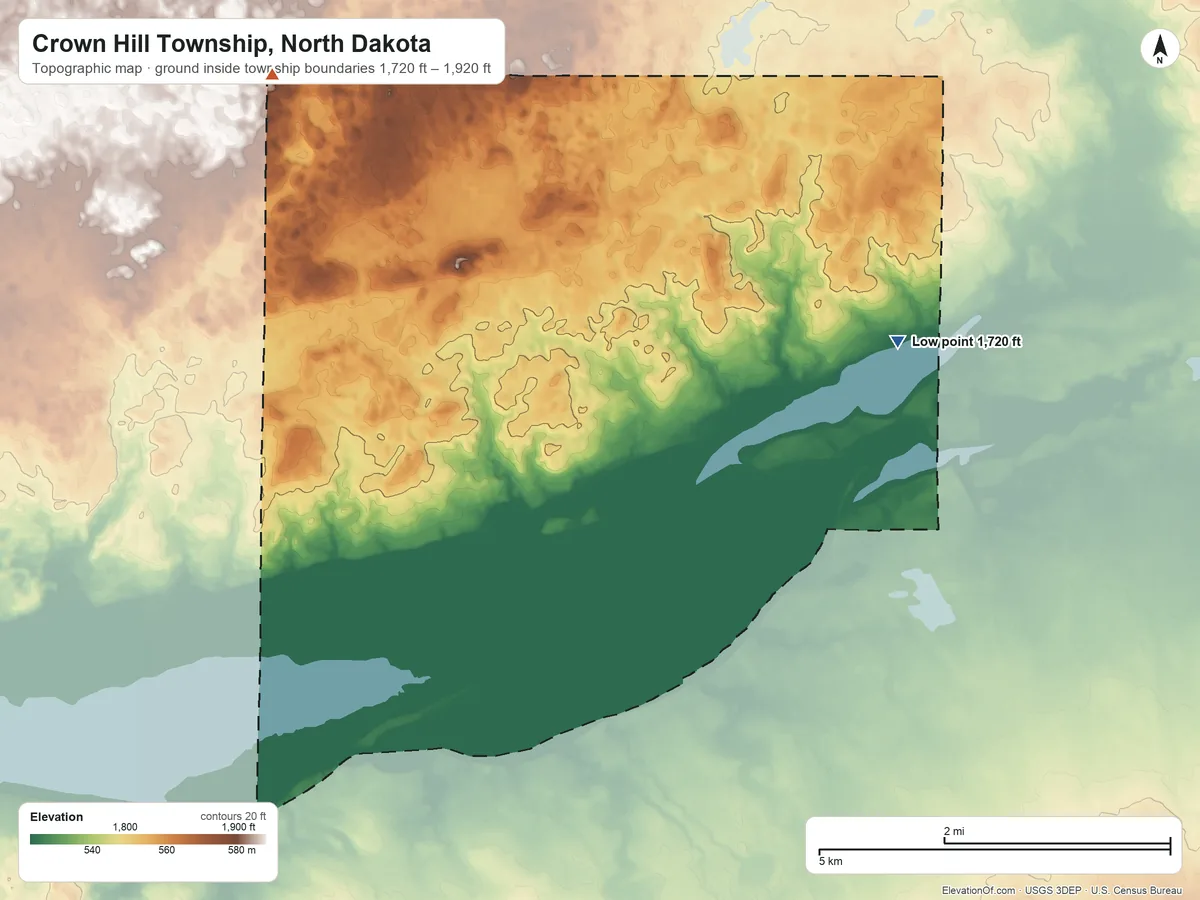 Topographic elevation map of Crown Hill Township, North Dakota, shaded from 1,720 ft on the east side to 1,920 ft on the northwest side