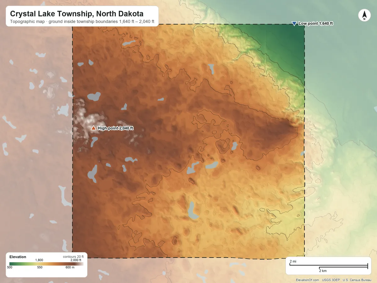 Topographic elevation map of Crystal Lake Township, North Dakota, shaded from 1,640 ft on the northeast side to 2,040 ft on the northwest side