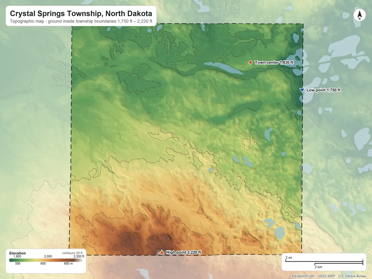 Topographic elevation map of Crystal Springs Township, North Dakota, shaded from 1,750 ft on the southeast side to 2,220 ft on the southwest side