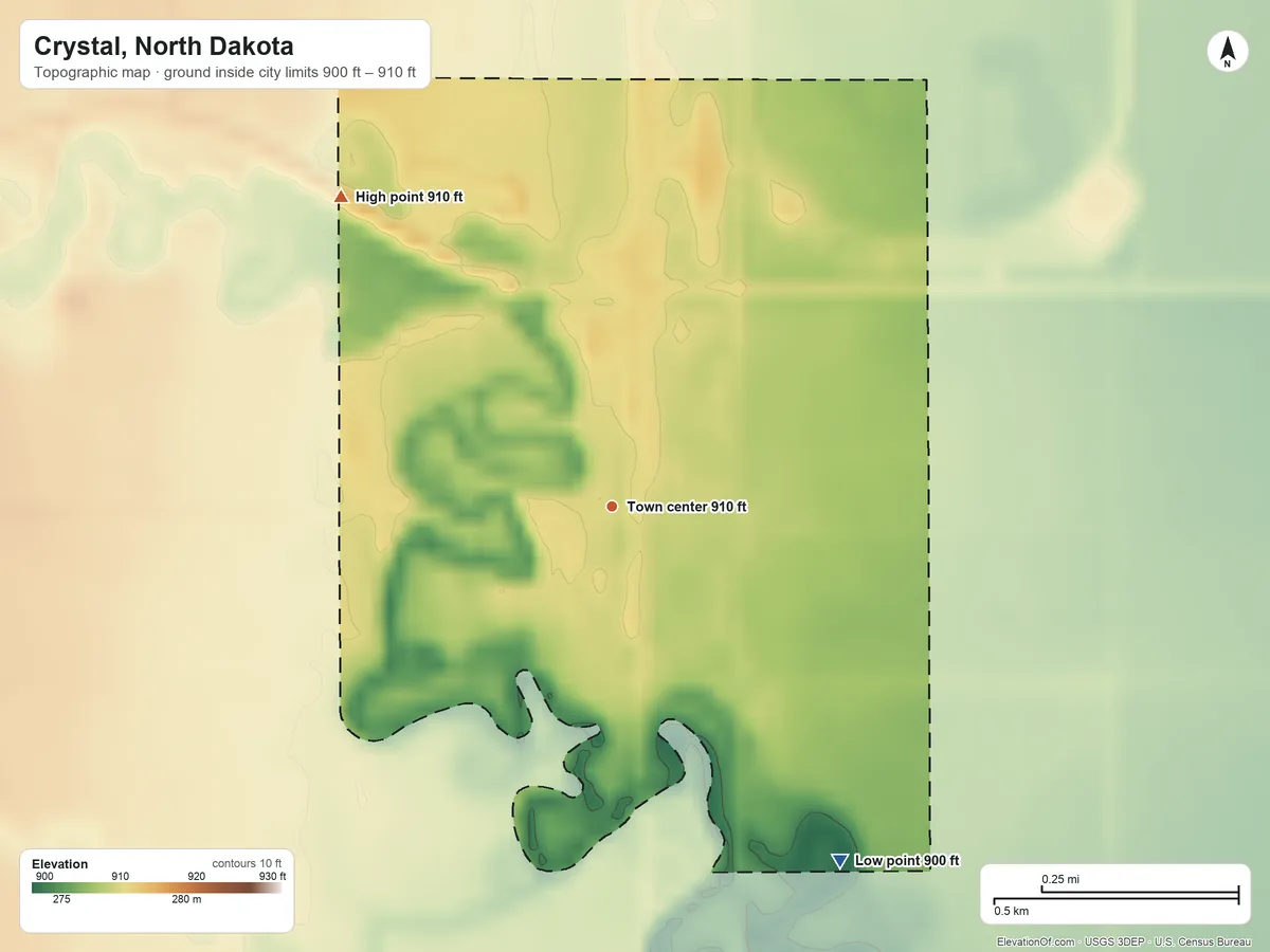 Topographic elevation map of Crystal, North Dakota, shaded from 900 ft on the southeast side to 910 ft on the northwest side