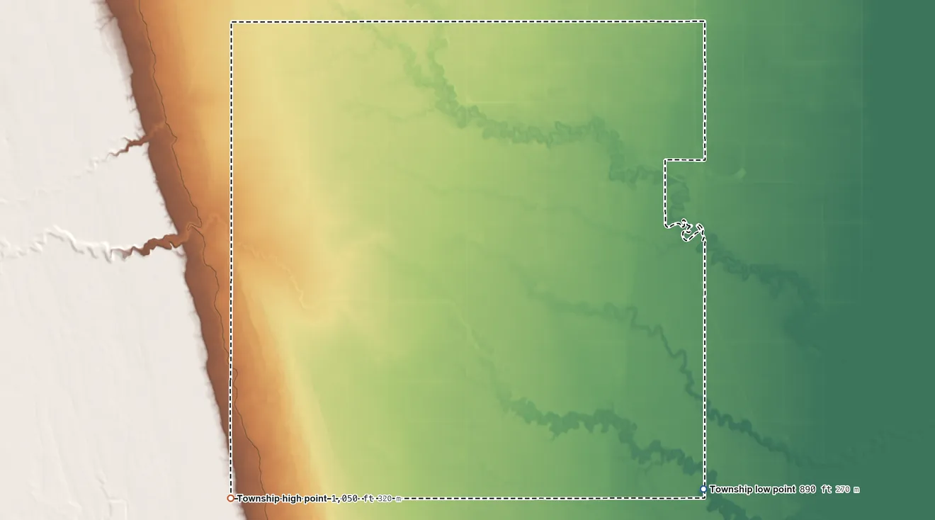Topographic elevation map of Crystal Township, North Dakota, shaded from 890 ft on the southeast side to 1,050 ft on the southwest side