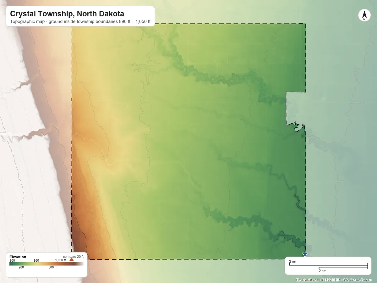 Topographic elevation map of Crystal Township, North Dakota, shaded from 890 ft on the southeast side to 1,050 ft on the southwest side