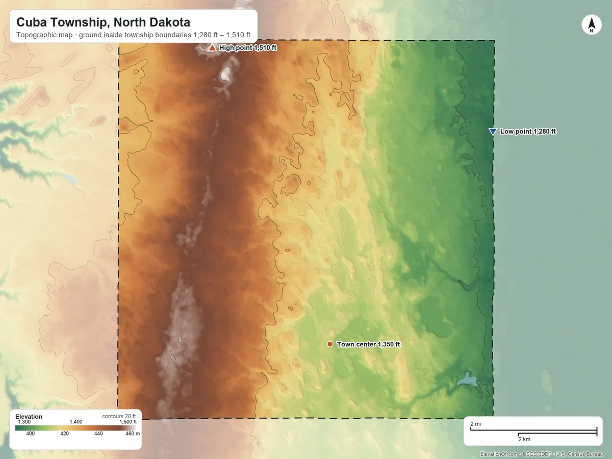 Topographic elevation map of Cuba Township, North Dakota, shaded from 1,280 ft on the northeast side to 1,510 ft on the north side
