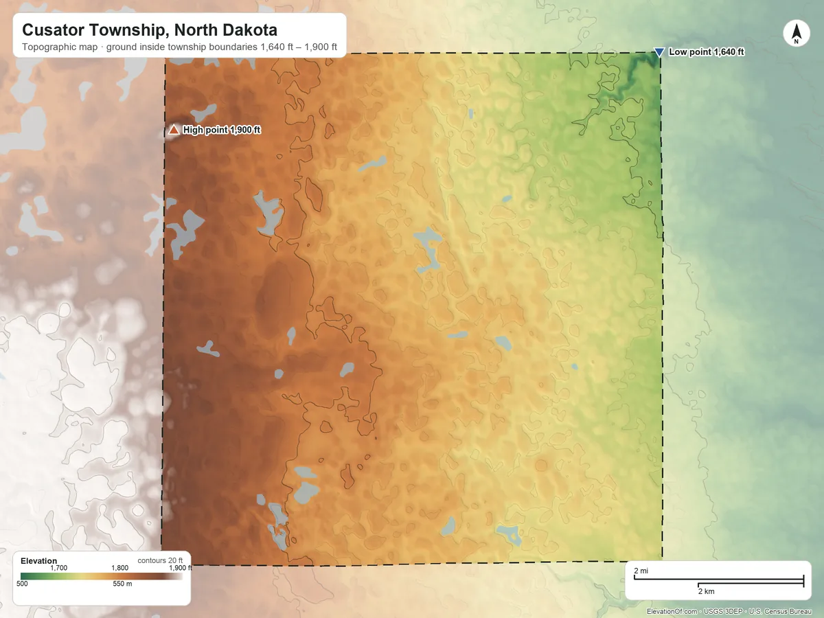 Topographic elevation map of Cusator Township, North Dakota, shaded from 1,640 ft on the northeast side to 1,900 ft on Mount Pleasant