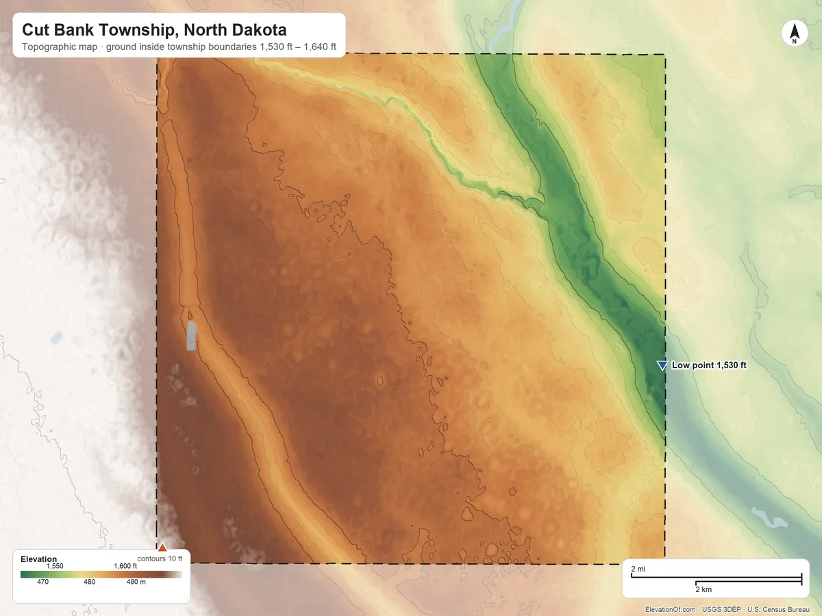 Topographic elevation map of Cut Bank Township, North Dakota, shaded from 1,530 ft on the southeast side to 1,640 ft on the southwest side