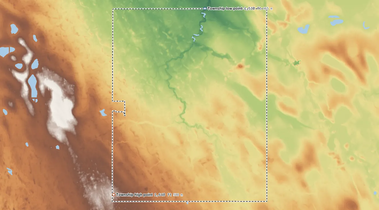 Topographic elevation map of Cypress Township, North Dakota, shaded from 1,530 ft on the northeast side to 1,640 ft on the southwest side