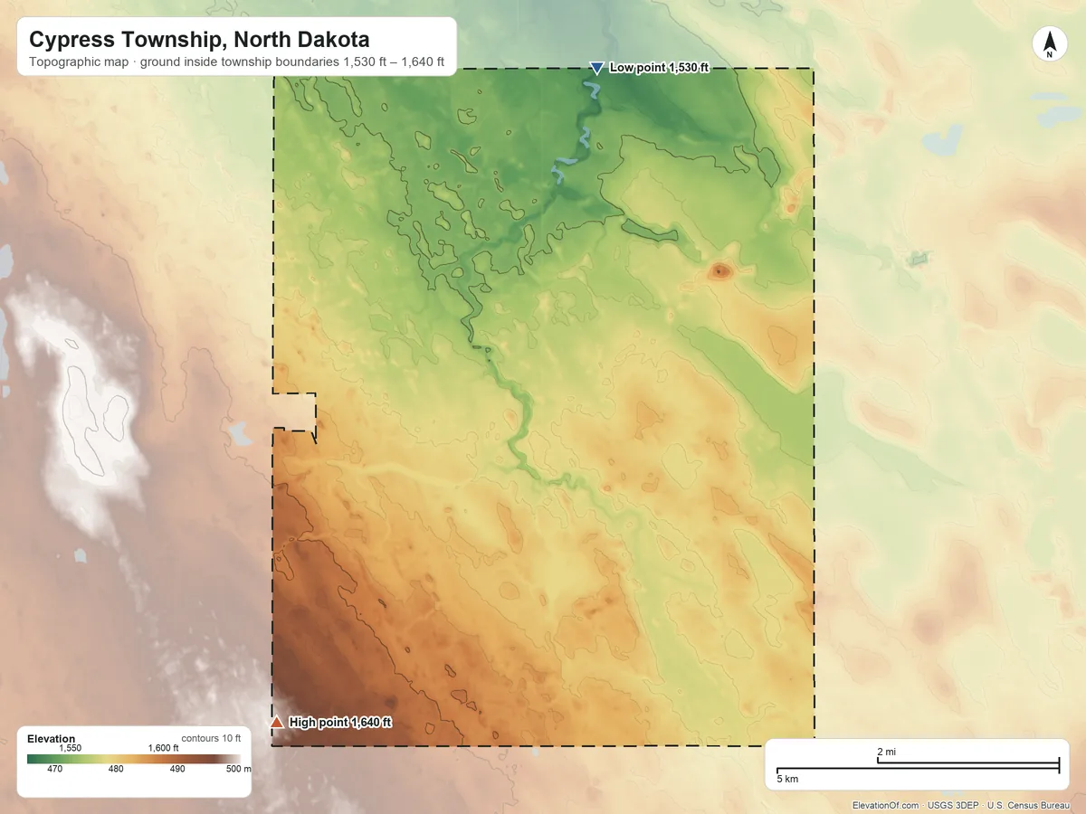 Topographic elevation map of Cypress Township, North Dakota, shaded from 1,530 ft on the northeast side to 1,640 ft on the southwest side