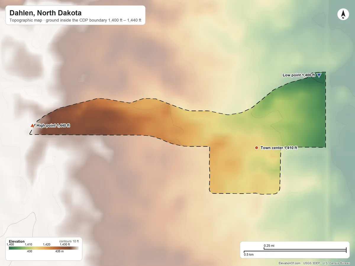 Topographic elevation map of Dahlen, North Dakota, shaded from 1,400 ft on the northeast side to 1,440 ft on the west side