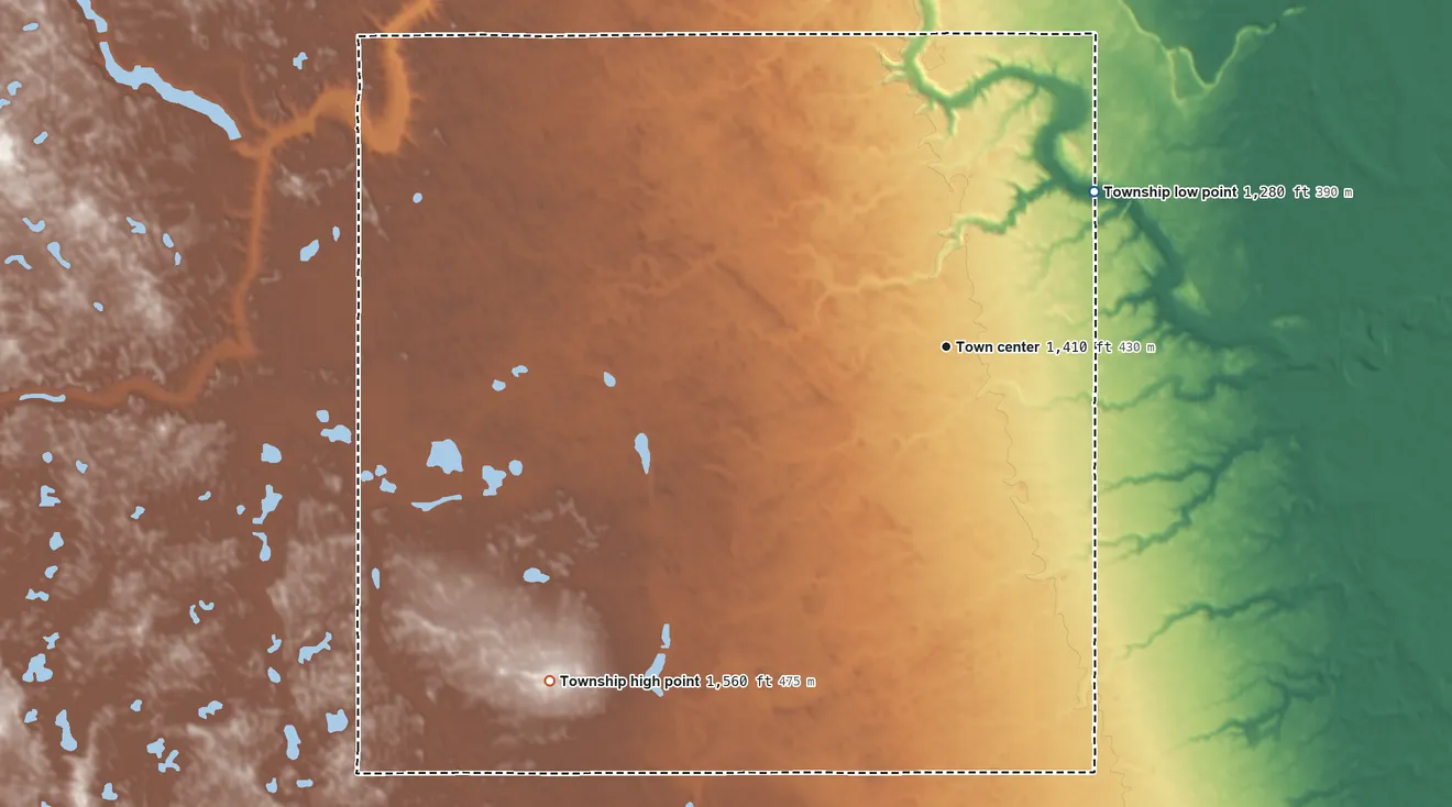 Topographic elevation map of Dahlen Township, North Dakota, shaded from 1,280 ft on the northeast side to 1,560 ft on the southwest side