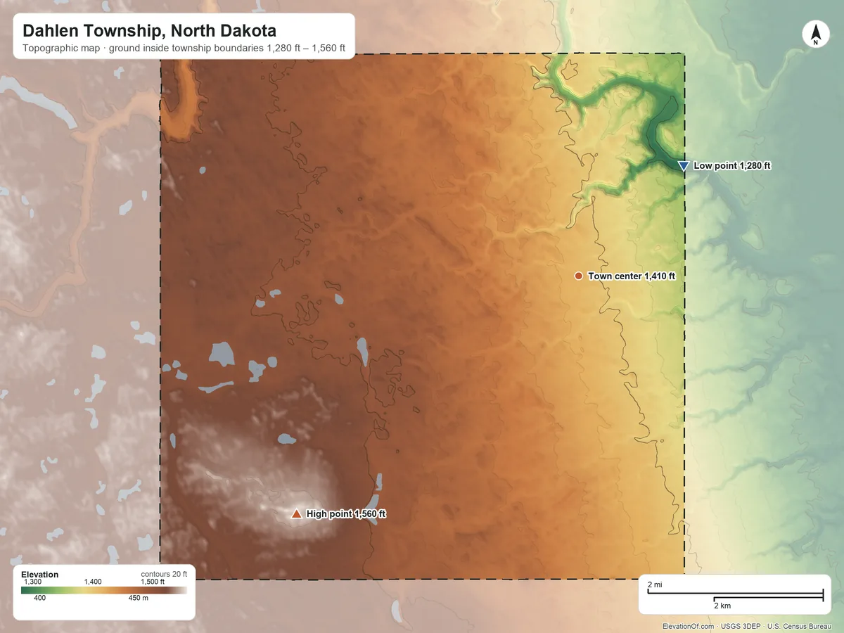 Topographic elevation map of Dahlen Township, North Dakota, shaded from 1,280 ft on the northeast side to 1,560 ft on the southwest side