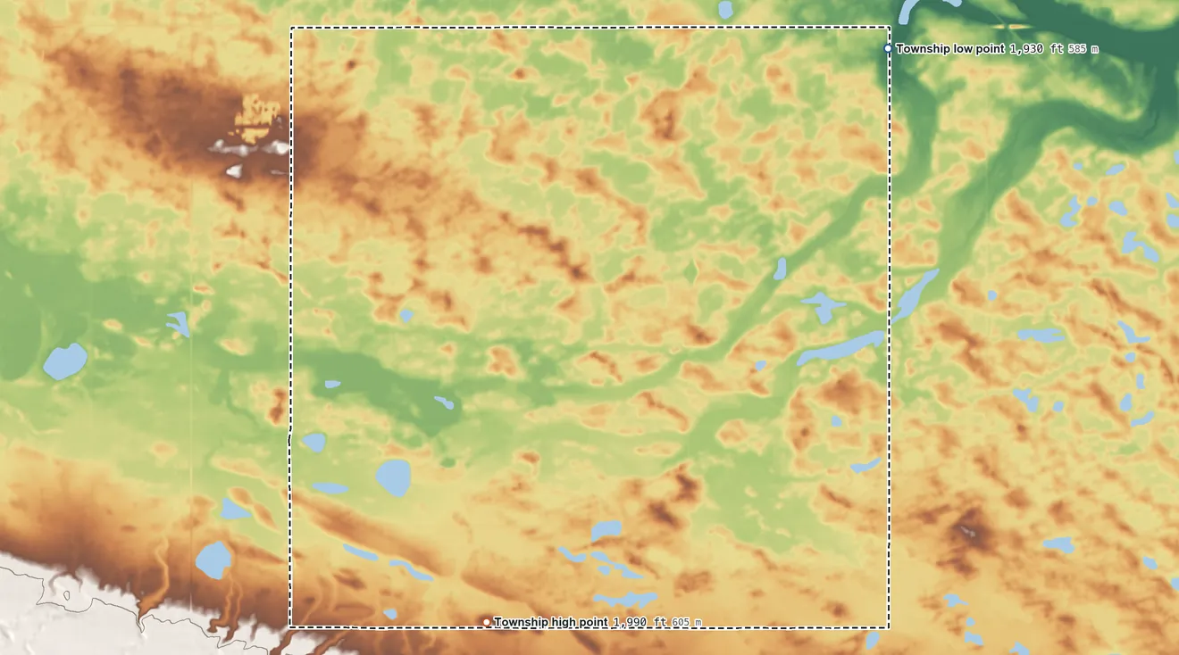 Topographic elevation map of Dale Township, North Dakota, shaded from 1,930 ft on the northeast side to 1,990 ft on the south side