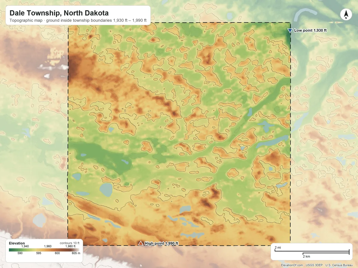 Topographic elevation map of Dale Township, North Dakota, shaded from 1,930 ft on the northeast side to 1,990 ft on the south side