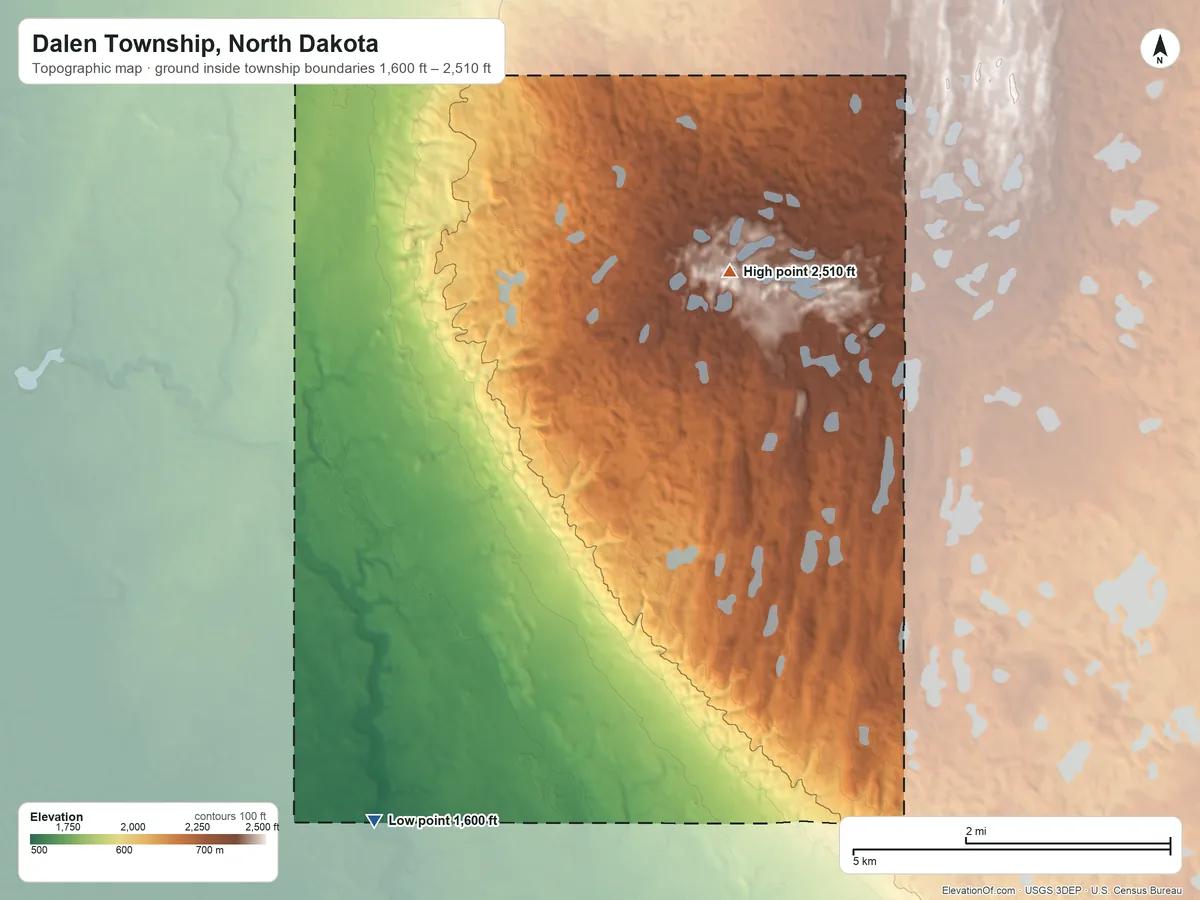 Topographic elevation map of Dalen Township, North Dakota, shaded from 1,600 ft on the southwest side to 2,510 ft on the north side