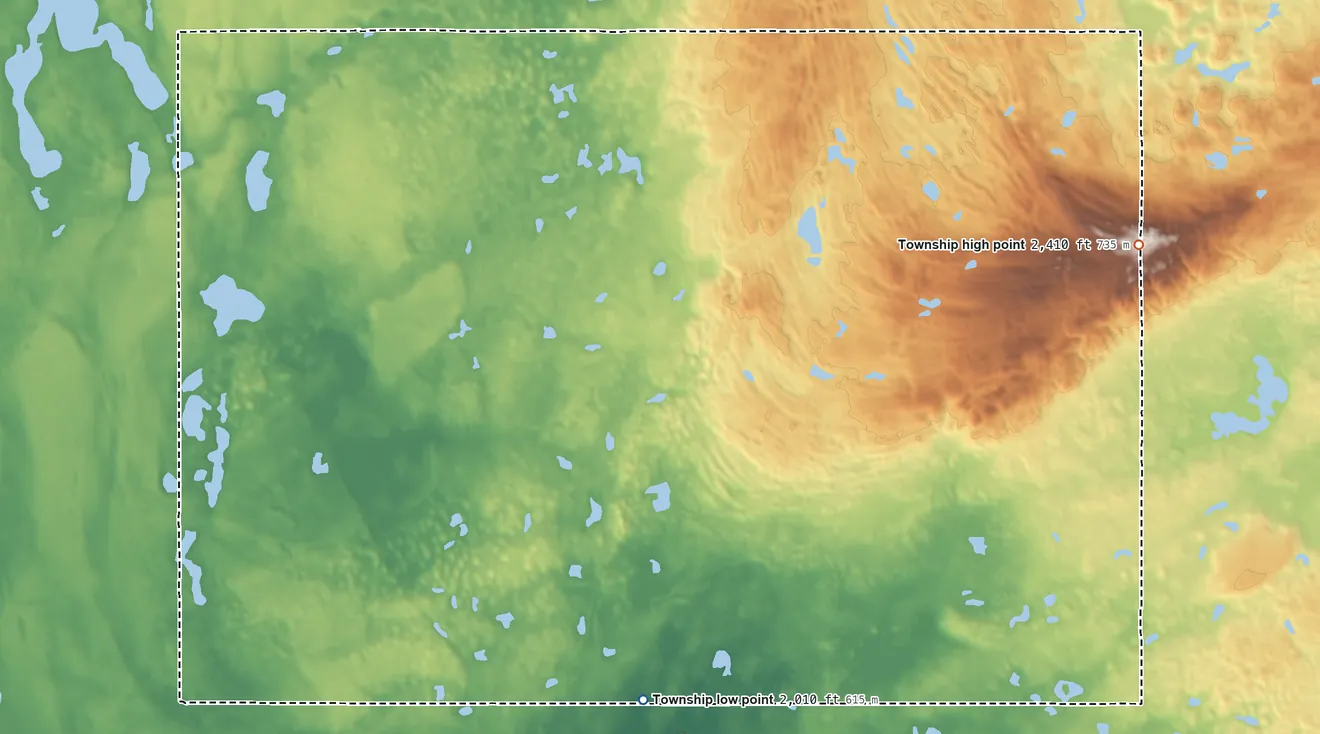 Topographic elevation map of Daneville Township, North Dakota, shaded from 2,010 ft on the south side to 2,410 ft on the east side