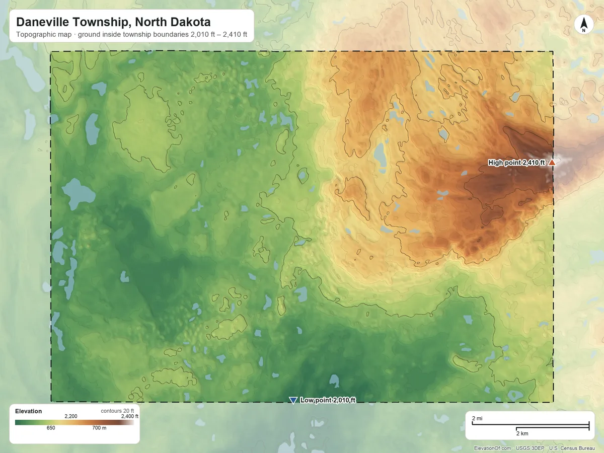 Topographic elevation map of Daneville Township, North Dakota, shaded from 2,010 ft on the south side to 2,410 ft on the east side