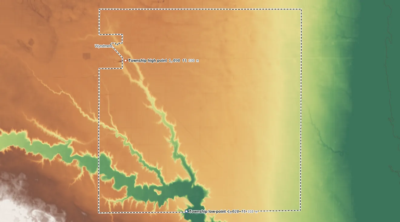 Topographic elevation map of Danton Township, North Dakota, shaded from 1,020 ft on the south side to 1,090 ft on the west side