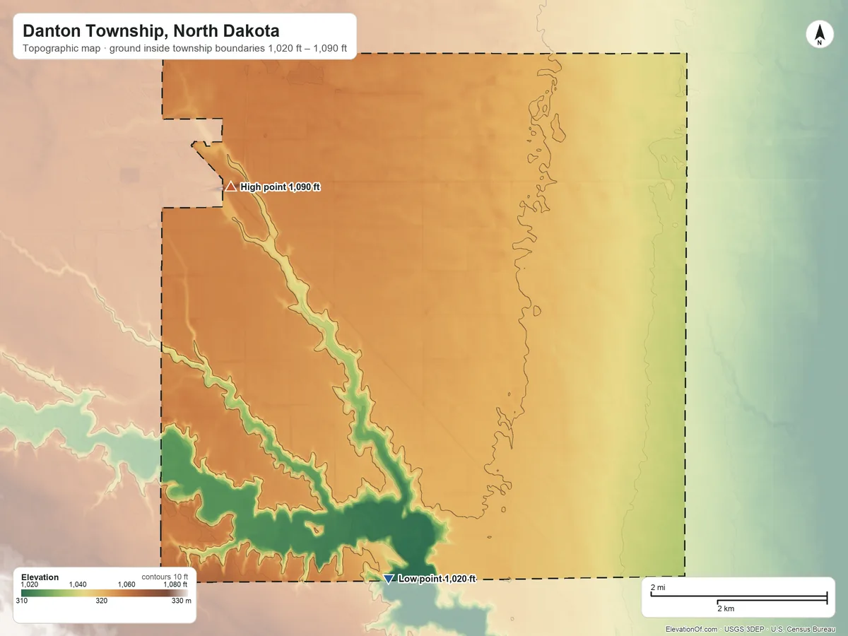 Topographic elevation map of Danton Township, North Dakota, shaded from 1,020 ft on the south side to 1,090 ft on the west side