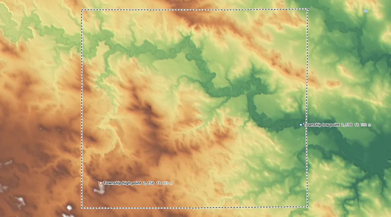 Topographic elevation map of Darling Springs Township, North Dakota, shaded from 2,590 ft on the east side to 2,850 ft on the south side