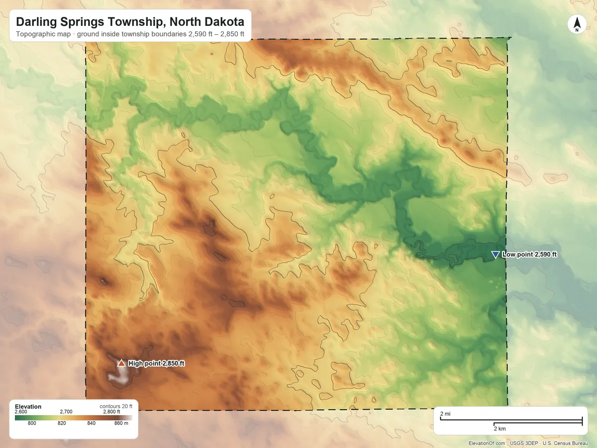 Topographic elevation map of Darling Springs Township, North Dakota, shaded from 2,590 ft on the east side to 2,850 ft on the south side