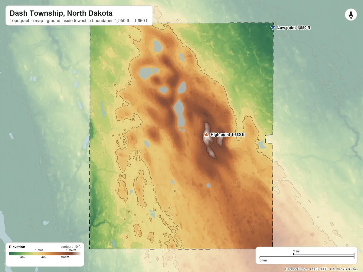 Topographic elevation map of Dash Township, North Dakota, shaded from 1,550 ft on the north side to 1,660 ft on the northwest side