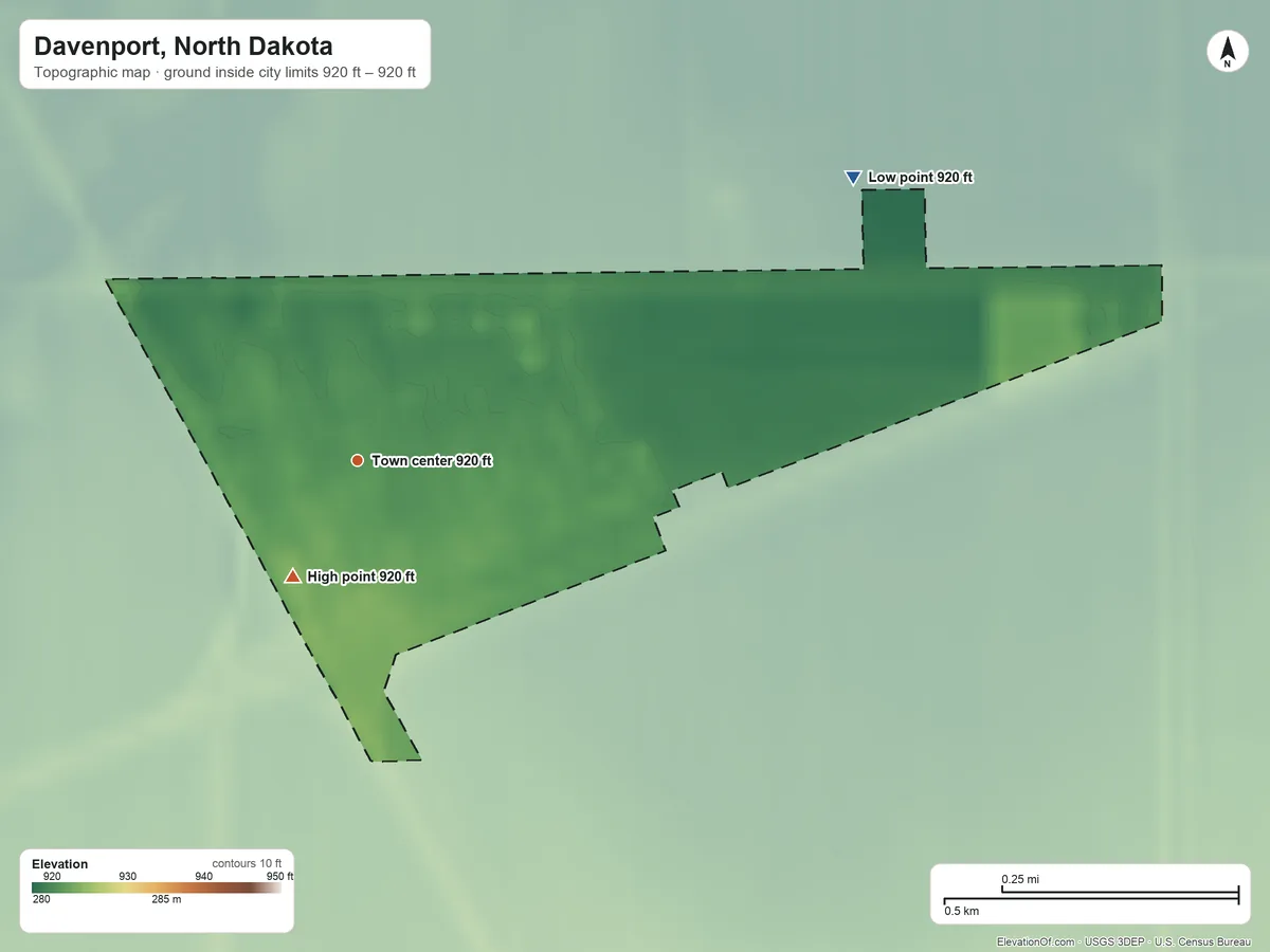Topographic elevation map of Davenport, North Dakota, shaded from 920 ft on the northeast side to 920 ft on the southwest side