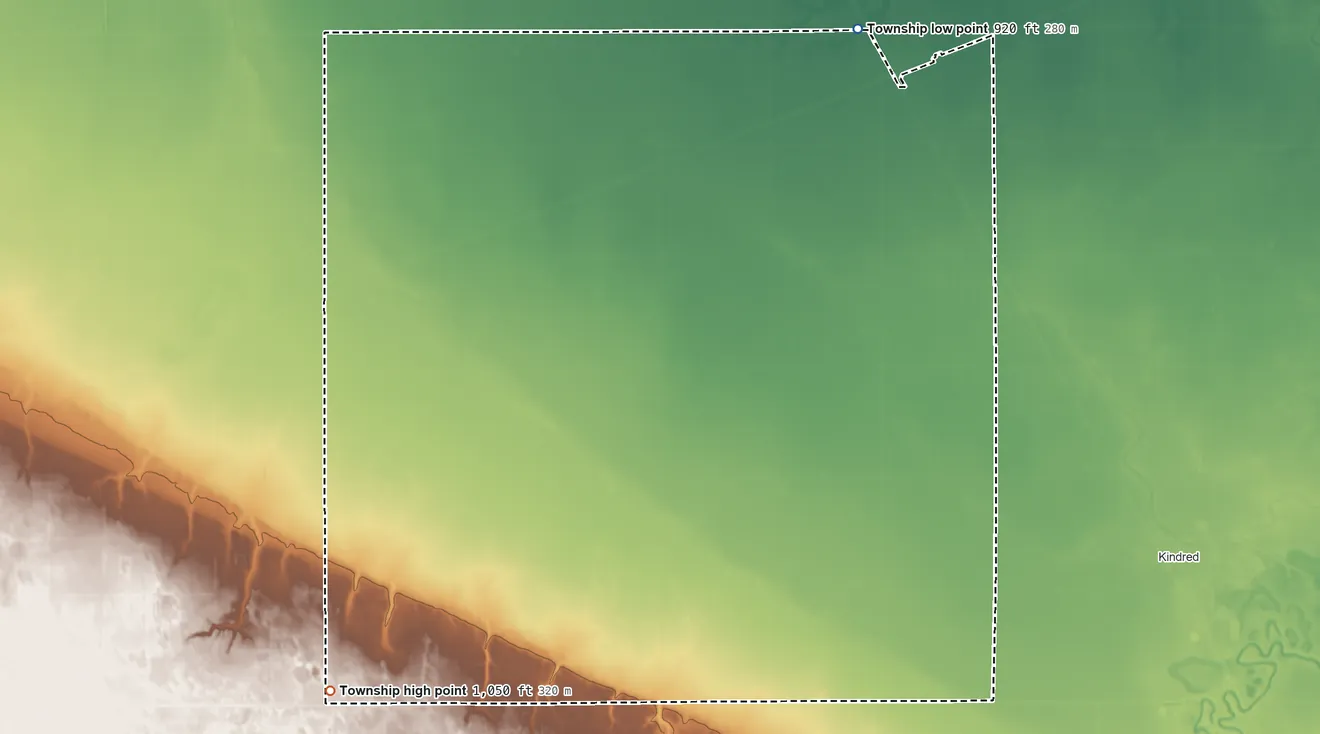 Topographic elevation map of Davenport Township, North Dakota, shaded from 920 ft on the northeast side to 1,050 ft on the southwest side