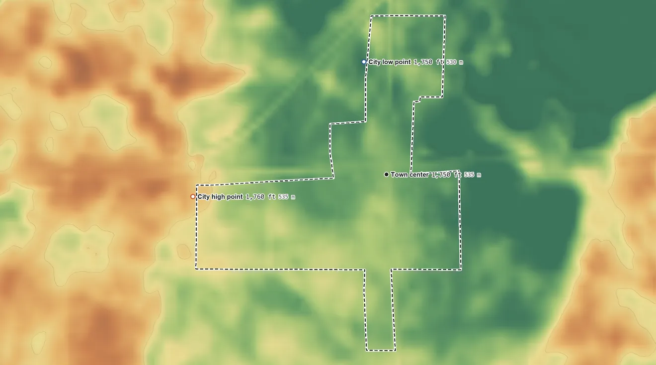 Topographic elevation map of Dawson, North Dakota, shaded from 1,750 ft on the north side to 1,760 ft on the west side