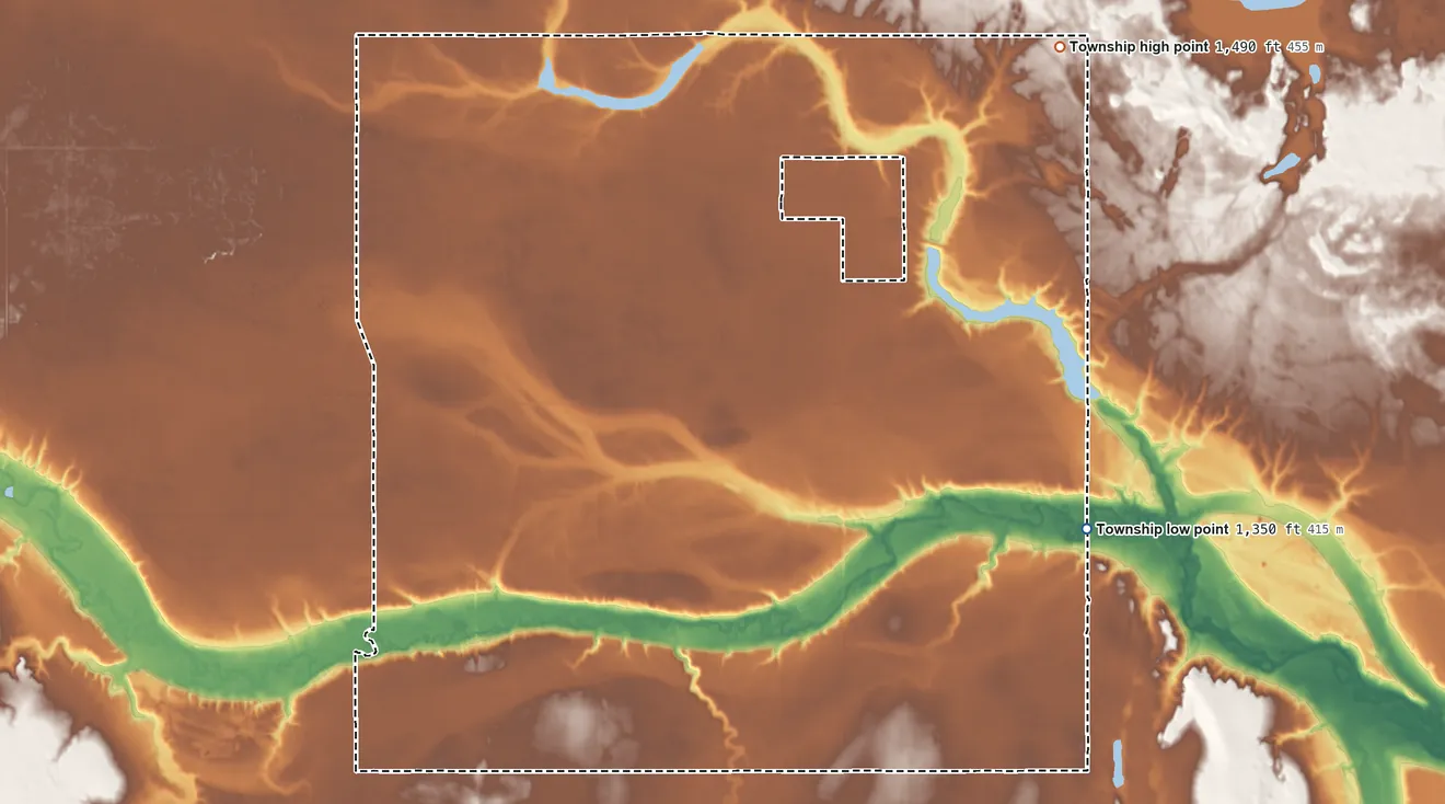 Topographic elevation map of Dayton Township, North Dakota, shaded from 1,350 ft on the east side to 1,490 ft on the northeast side