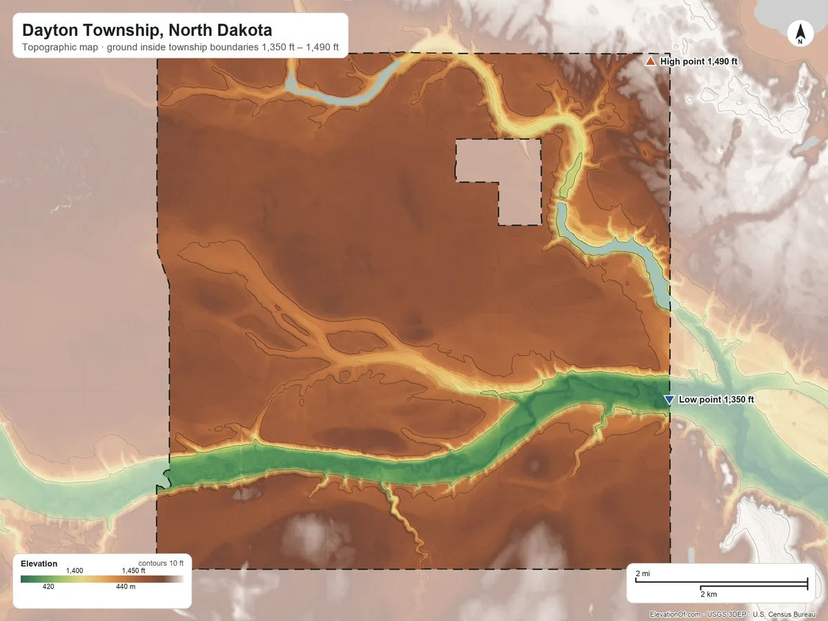 Topographic elevation map of Dayton Township, North Dakota, shaded from 1,350 ft on the east side to 1,490 ft on the northeast side