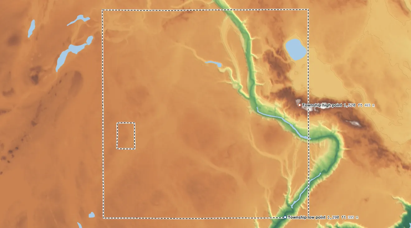Topographic elevation map of Dazey Township, North Dakota, shaded from 1,290 ft on the southeast side to 1,520 ft on the east side