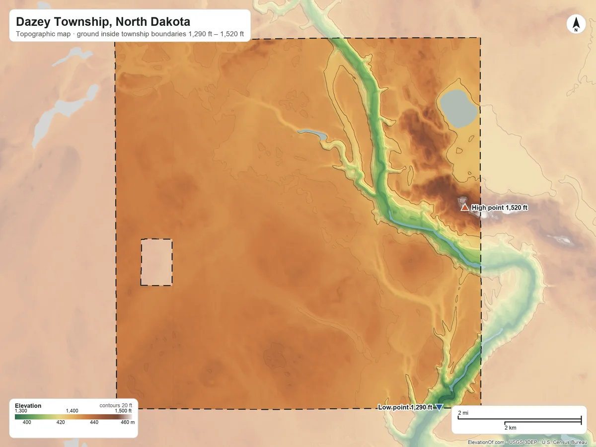 Topographic elevation map of Dazey Township, North Dakota, shaded from 1,290 ft on the southeast side to 1,520 ft on the east side
