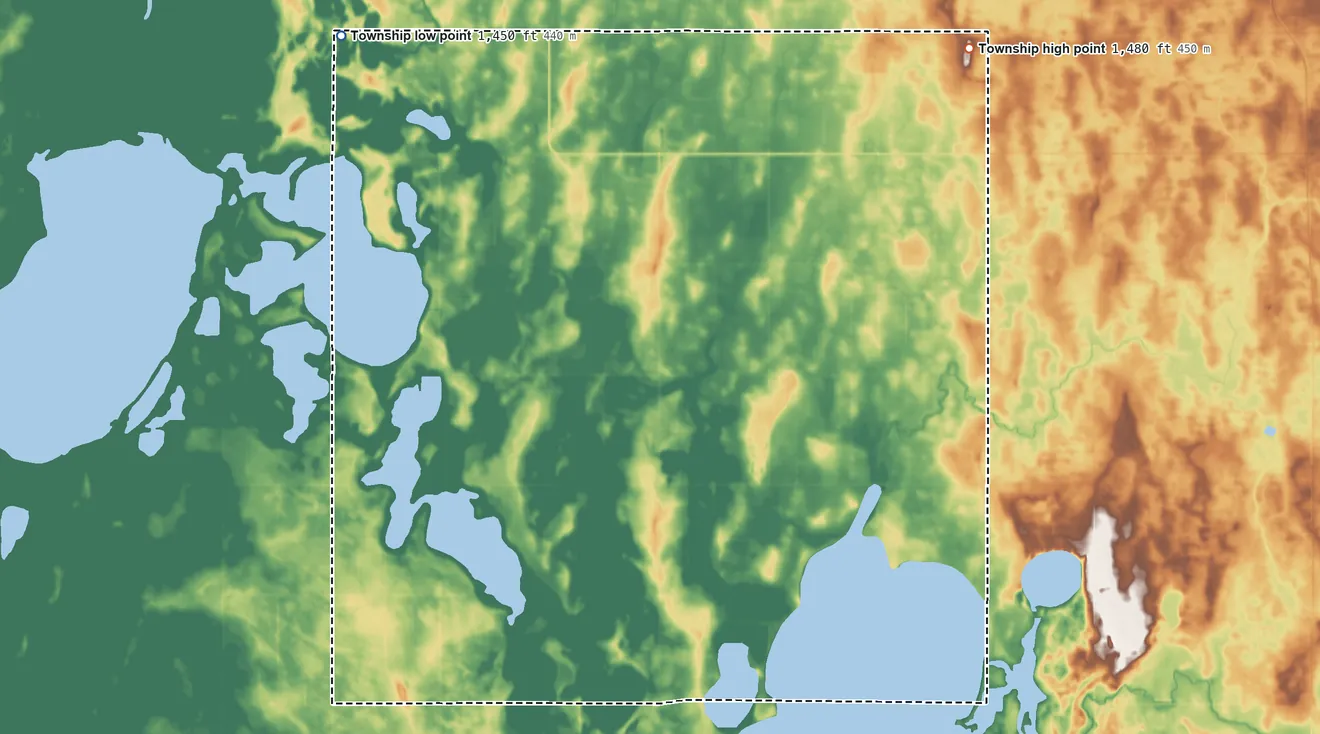 Topographic elevation map of De Groat Township, North Dakota, shaded from 1,450 ft on the northwest side to 1,480 ft on the north side