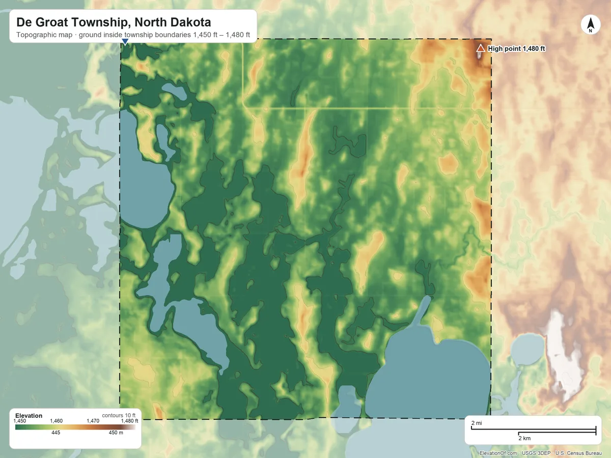 Topographic elevation map of De Groat Township, North Dakota, shaded from 1,450 ft on the northwest side to 1,480 ft on the north side