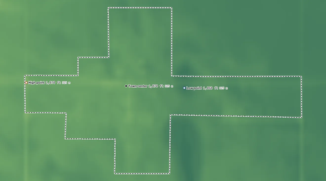 Topographic elevation map of De Lamere, North Dakota, shaded from 1,060 ft on the east side to 1,070 ft on the west side