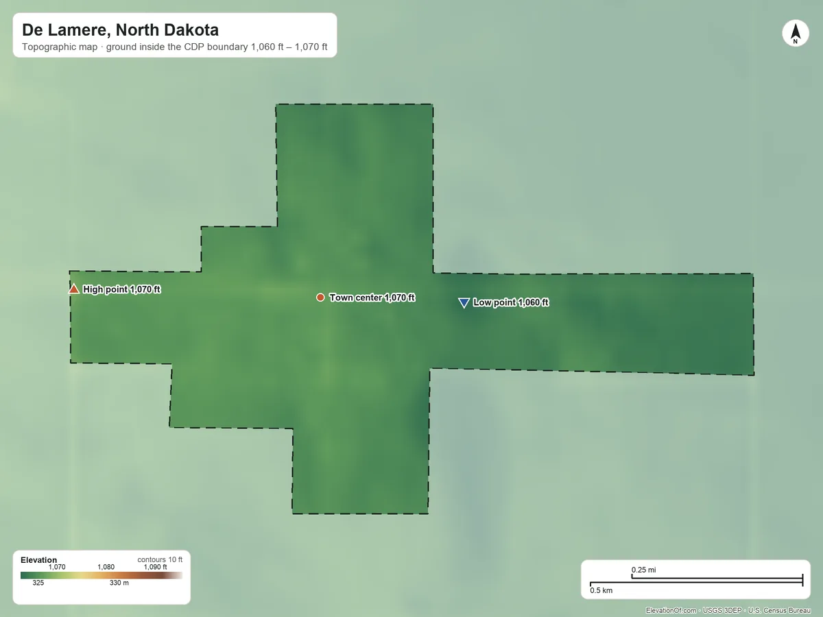 Topographic elevation map of De Lamere, North Dakota, shaded from 1,060 ft on the east side to 1,070 ft on the west side