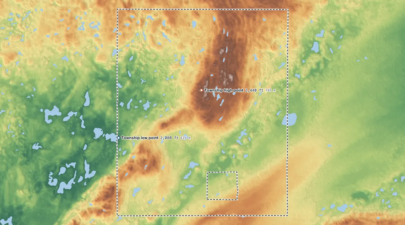 Topographic elevation map of De Witt Township, North Dakota, shaded from 2,080 ft on the west side to 2,440 ft on the northwest side