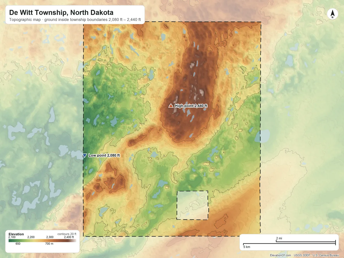 Topographic elevation map of De Witt Township, North Dakota, shaded from 2,080 ft on the west side to 2,440 ft on the northwest side