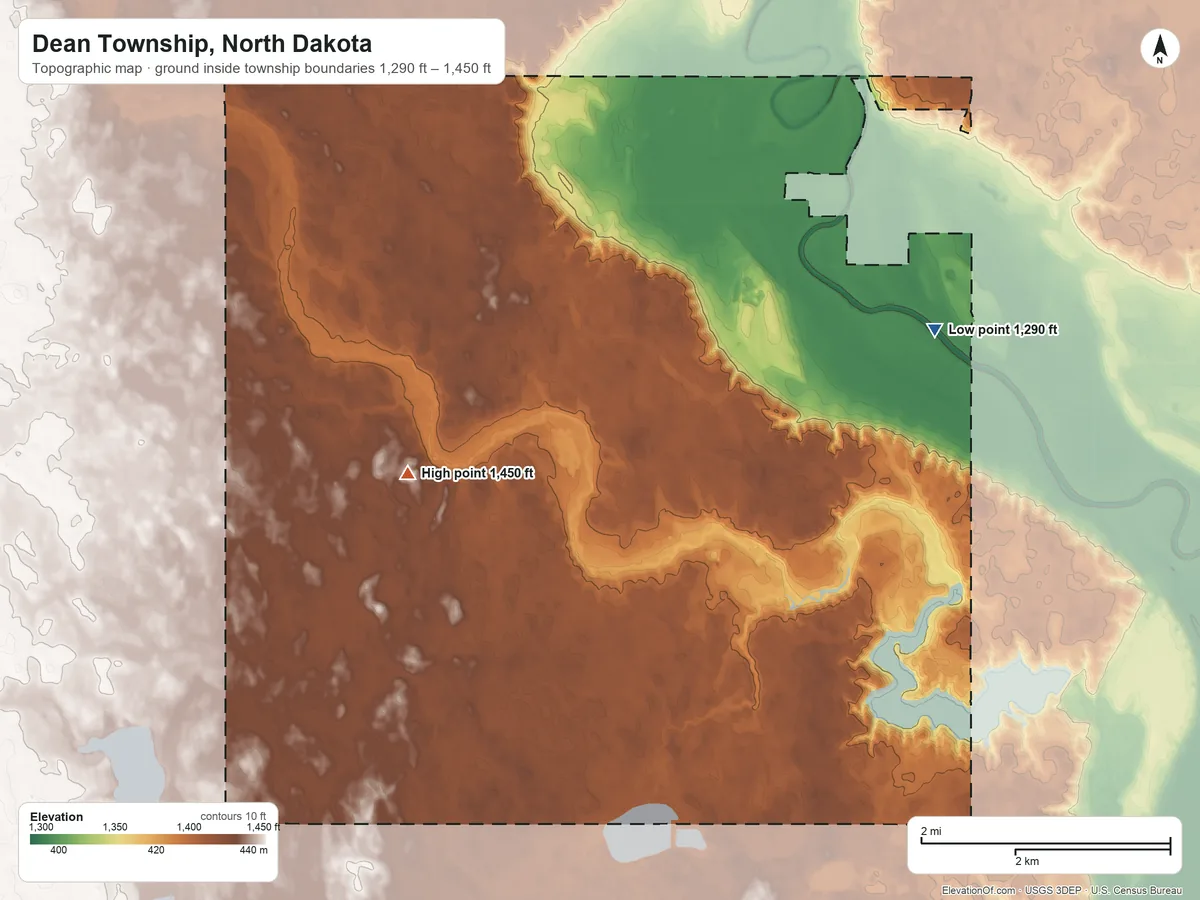 Topographic elevation map of Dean Township, North Dakota, shaded from 1,290 ft on the east side to 1,450 ft near the middle