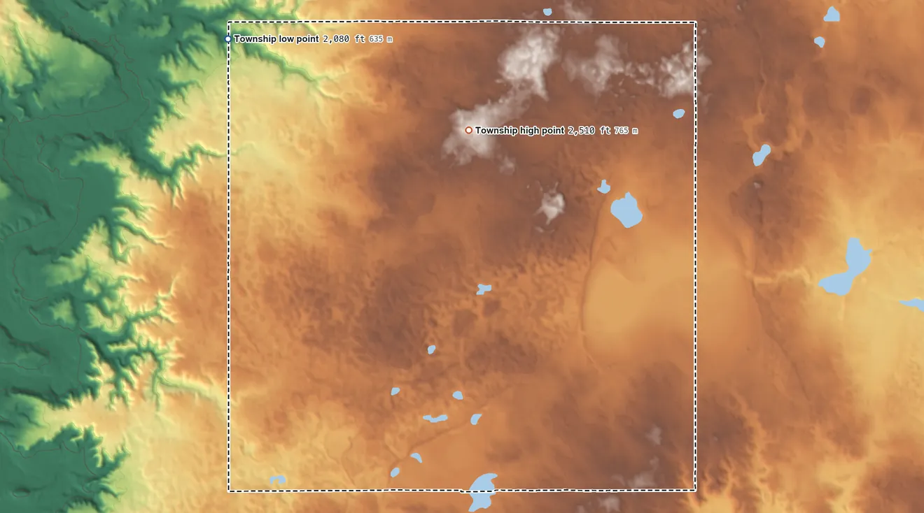 Topographic elevation map of Debing Township, North Dakota, shaded from 2,080 ft on the northwest side to 2,510 ft on the north side