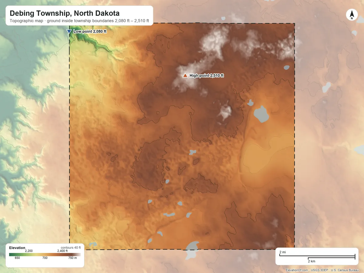 Topographic elevation map of Debing Township, North Dakota, shaded from 2,080 ft on the northwest side to 2,510 ft on the north side