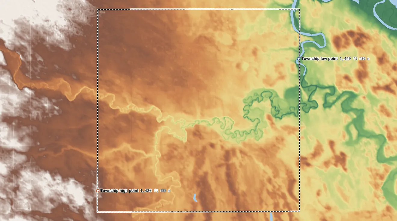 Topographic elevation map of Deep River Township, North Dakota, shaded from 1,420 ft on the northeast side to 1,480 ft on the southwest side