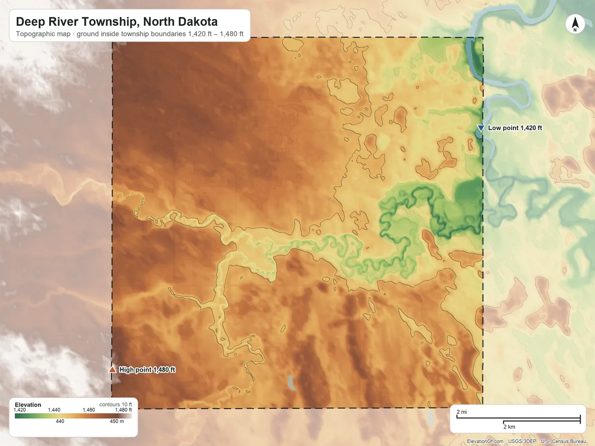 Topographic elevation map of Deep River Township, North Dakota, shaded from 1,420 ft on the northeast side to 1,480 ft on the southwest side