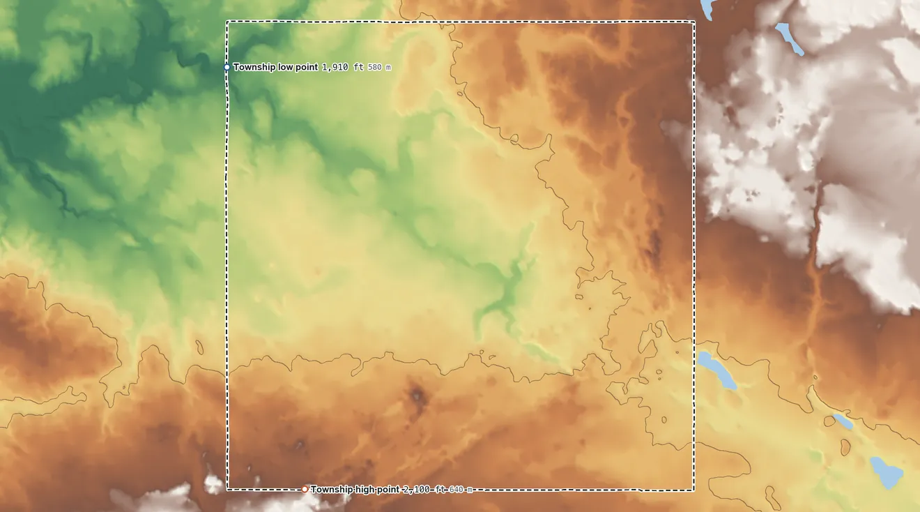 Topographic elevation map of Deepwater Township, North Dakota, shaded from 1,910 ft on the west side to 2,100 ft on the southwest side