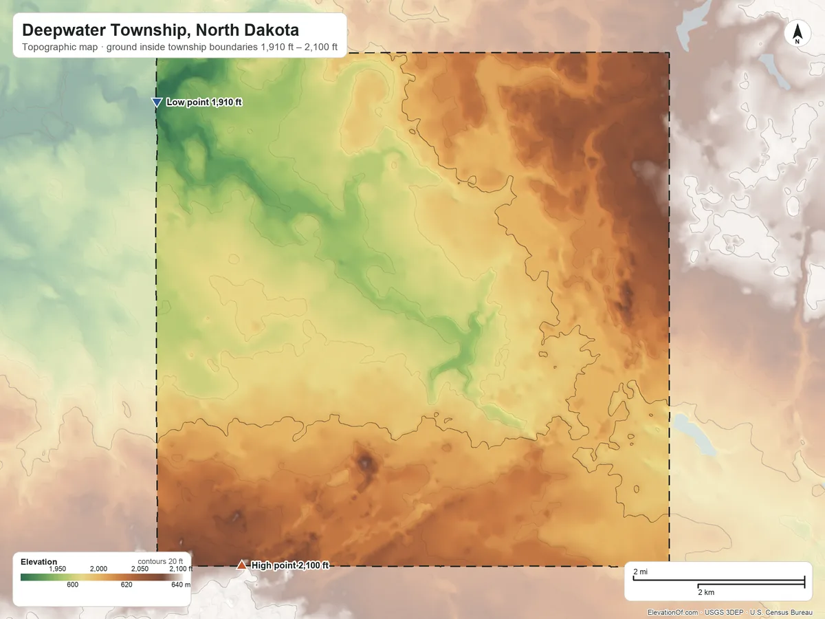 Topographic elevation map of Deepwater Township, North Dakota, shaded from 1,910 ft on the west side to 2,100 ft on the southwest side