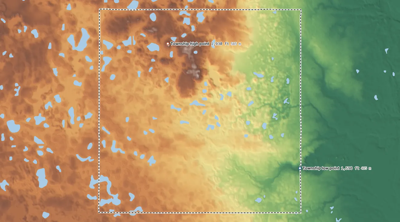 Topographic elevation map of Deer Lake Township, North Dakota, shaded from 1,590 ft on the southeast side to 1,930 ft near the middle