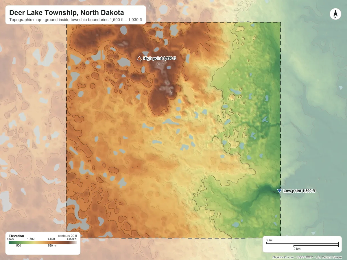 Topographic elevation map of Deer Lake Township, North Dakota, shaded from 1,590 ft on the southeast side to 1,930 ft near the middle