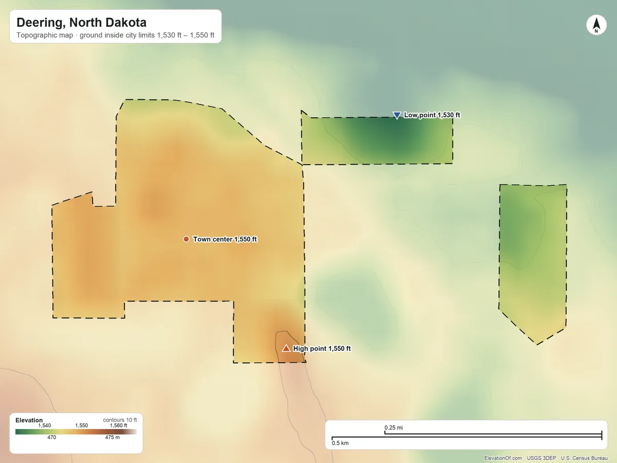 Topographic elevation map of Deering, North Dakota, shaded from 1,530 ft on the northeast side to 1,550 ft on the southeast side