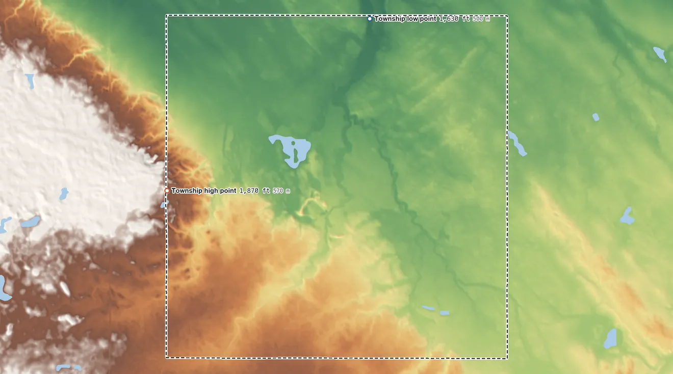 Topographic elevation map of Delger Township, North Dakota, shaded from 1,630 ft on the northeast side to 1,870 ft on the west side