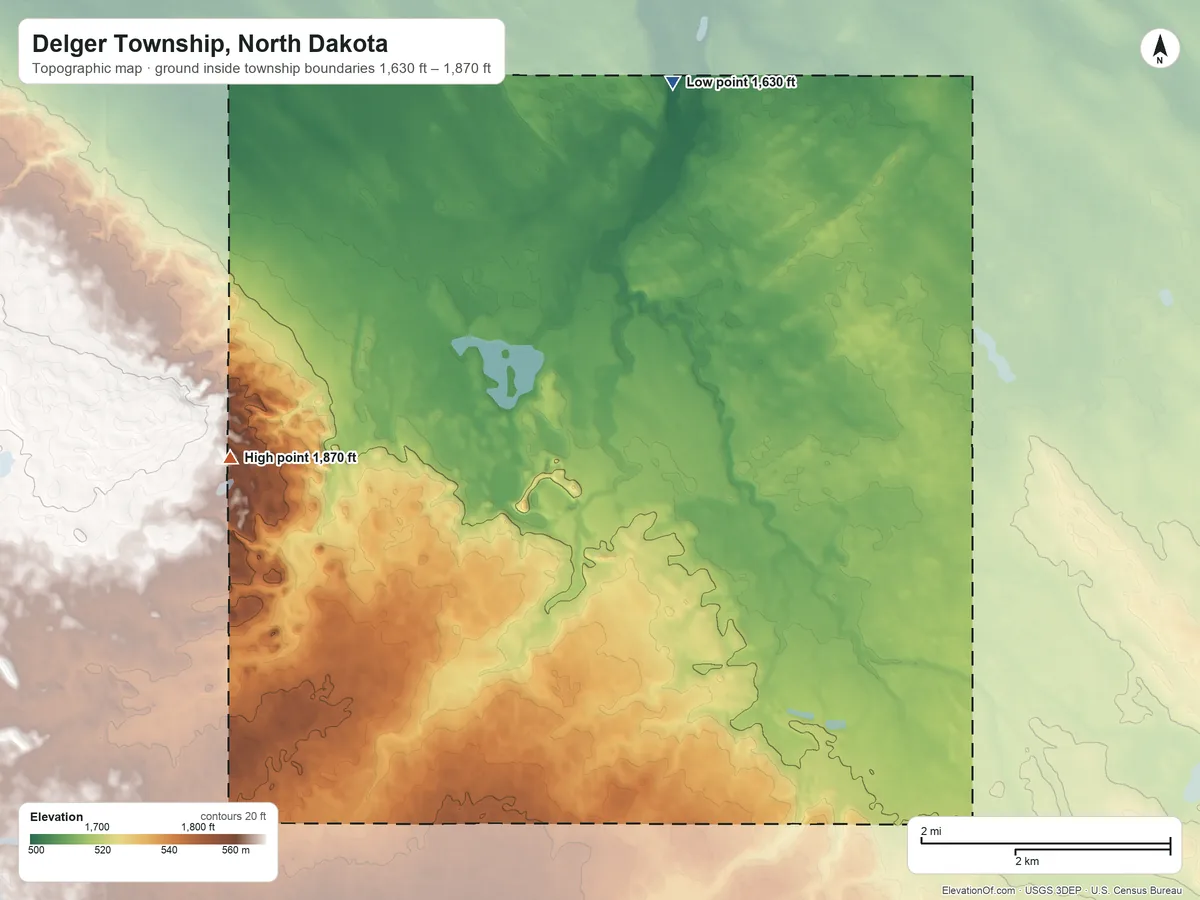 Topographic elevation map of Delger Township, North Dakota, shaded from 1,630 ft on the northeast side to 1,870 ft on the west side