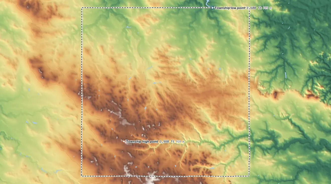 Topographic elevation map of Delhi Township, North Dakota, shaded from 2,600 ft near the middle to 2,980 ft on the southwest side